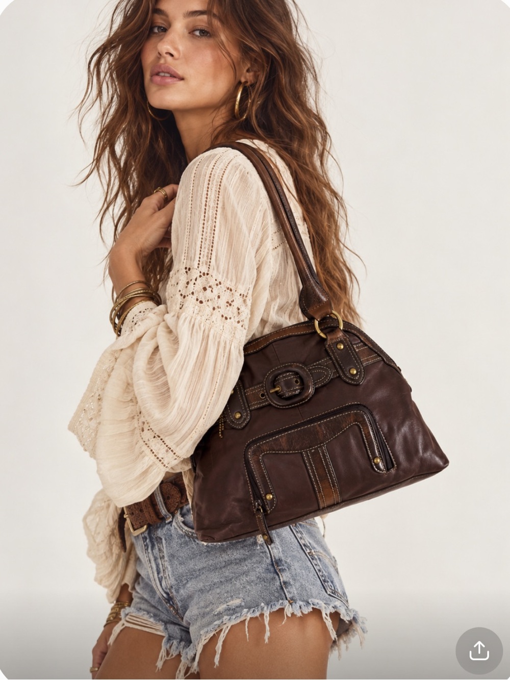 VIINTAGE Genuine Leather Modern Boho Brown Dome Satchel Handbag
